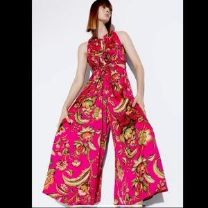 Zara floral satin Jumpsuit cropped wide legged